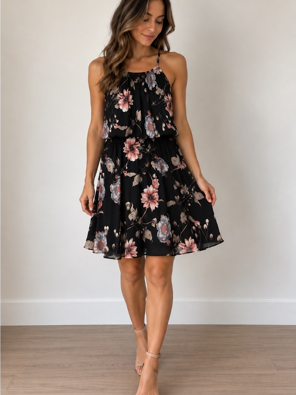 Eclipse Black Floral Blouson Dress Size Small